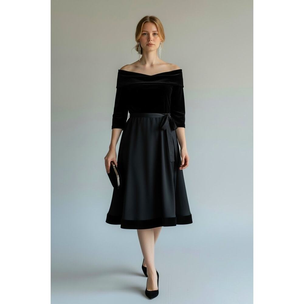 Vintage Citrine Velvet Satin Mixed Media Off Shoulder Belted Black Dress Size 14